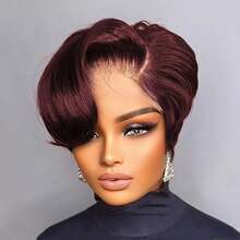13x4x1 T-Part Lace Front Short Wig, Human Hair Texture, Pixie Cut, Suitable For Daily Wear, Available In Black, Chocolate Brown, 99J Wine Red, Side Bangs Lace Front Short Wig - Multicolor - View 13