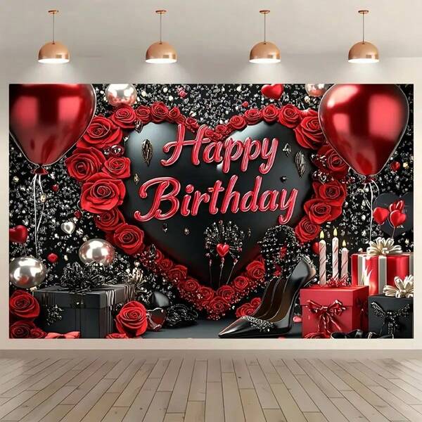 Fondo de cumpleaños clásico negro y rojo, sin necesidad de electricidad, tela de fotografía sin plumas para fiestas, estudio fotográfico, transmisión en vivo, decoración festiva para exteriores e interiores