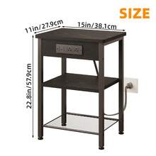 Tomnk Slim Bedside Table With Charging Station, 3-Tier Nightstand For Small Spaces, With Fabric Drawer & LED Light, Space-Saving Bedroom Furniture - 美規B型插(110-127V) - 查看 3