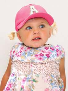1 Pc Customizable 26 Letter Children's Solid Color Baseball Cap, Fashionable Casual Soft Brim Hat, Suitable For 1-3 Years Old Baby Girls Daily Outings, Vacation, Sun Protection - Rose Pink - View 2