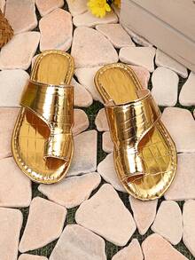 1 双儿童女孩平底拖鞋闪亮镜面条纹 PU 鞋面露趾圆头轻便可爱时尚奢华搭配家庭罗马家居拖鞋，适合夏季度假、休闲室内/室外穿着 - 金色 - 查看 3