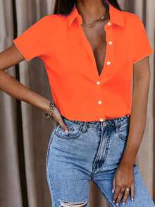 Women's Simple Fashionable Front Button Short Sleeve Shirt - Orange - View 3