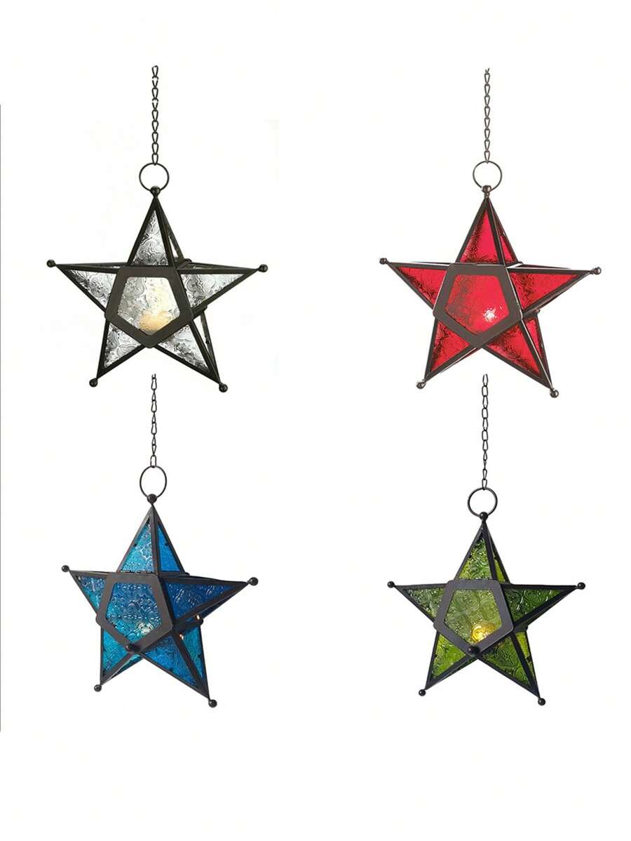 1 Piece Metal Star Tealight Candle Holder, Chinese Flowering Crabapple Design Multi Color Glass Home Decor Hanging Lantern, Suitable As A Home Decoration Hung By The Windows In The Corridor, Garden Decor, Living Room Decor, Christmas Decorations, Christmas Ornaments,Christmas Hanging Star Candle Holder For Holiday Decor