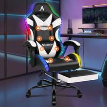 ALFORDSON Gaming Massage Chair, Massage Racing Chair With LED, Ergonomic Desk Chair With 150° Tilt, Retractable Footrest, PU Leather, Height Adjustable, 180 Kg Load Capacity - 白色 - 查看 1