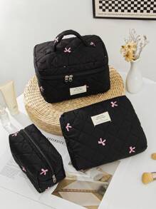 1 Piece Women's Bow Embroidered And Quilted Makeup Bag Sets Travel Cosmetic Bag With Handle Tampon Storage Bag Sanitary Pad Pouch Large Capacity Cosmetic Bag, Lightweight Fluffy Filling Toiletries Bag Mini Travel Makeup Case Pouch For Travel Storage,Daily Use. For School Cosmetic Bag Back To School Supplies Cosmetic Storage School Stuff Bag Organizer Room Stuff