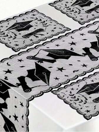 1 件毕业桌面装饰，黑色蕾丝派对桌布/餐垫，毕业季装饰，黑色毕业帽蕾丝设计桌旗/垫，适合毕业派对宴会桌装饰，装饰品，毕业派对装饰品