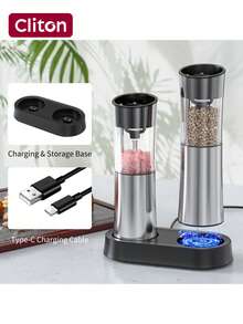 CLITON Gravity Electric Pepper Mill & Salt Grinder Set, USB Rechargeable Base, No Battery Needed, One-Handed Operation, Adjustable Coarseness, Automatic Electric Seasoning Grinder, Refillable, Adjustable Coarseness, LED Light, Plastic & Stainless Steel Material