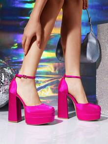 Zapatos de tacón alto y grueso con plataforma y punta cerrada para mujer, con tiras al tobillo y punta cuadrada, para boda, fiesta y graduación - Rosa Fucsia - Ver 3