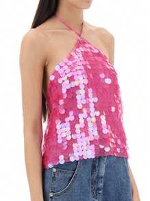 Women Summer Sleeveless Halter Neck Sequins Cami Crop Tops - 玫紅色 - 查看 3