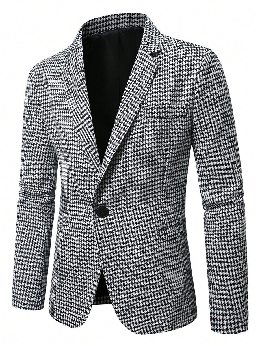 男士千鸟格翻领长袖西装外套，适合商务休闲场合 - 彩色 - 查看 1