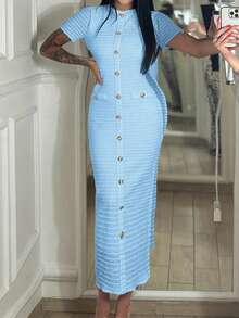 Ladies' Summer Date, Music Festival Atmosphere, Commuting Short Sleeved Dress - Màu xanh lam - Xem 5