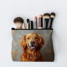 Golden Retriever Makeup Bag, Cute Pet Storage Pouch, Large Capacity Handbag, Retro Oil Painting Style Fashion Gift