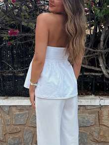 Women Summer Flowy Tube Top Y2k Solid Color Strapless Off The Shoulder Loose Fit Babydoll Bandeau Crop Tops Backless Sleeveless Going Out Tops Vests Shirts Casual Streetwear - 白色 - 查看 2