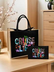 Set de geantă și pungă din in cu tematică de croazieră, imprimeu cu copac de cocos, scoică, delfin, stea de mare, Cruise Life, geantă și geantă cosmetică, pungă pliabilă ușoară, element esențial pentru plajă, geantă de vară pentru femei, geantă de cumpărături din in de mare capacitate