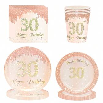 50 件/80 件玫瑰金 30 岁生日派对装饰餐具套装 30 岁生日盘子和餐巾派对用品 30 岁纸盘杯子餐巾套装 复古 1995 年女士生日装饰