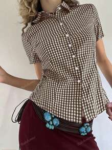 BabeHome Autumn Women's Y2K Back To School Slim Lapel Short-Sleeved Button Design Khaki Academy Shirt Top