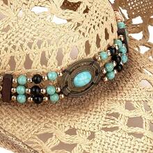 1 Hat And 2 Decorations Unisex Bead Decor Cowgirl Hat Hollow Out Summer Travel Shade Cowboy Hat Dyeing Wide Brim Printed Breathable With Beaded Trim Band Hand Woven Beach Hat Sun Hat Straw Hat - 米色 - 查看 5
