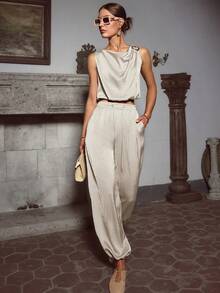 Sollinarry Ensemble 2 pièces femme, nouveau Top sans manches avec col mao et boutons métalliques décoratifs, et pantalon long à taille élastique. Tenue décontractée, convient pour les vacances et les brunchs - Abricot gris - Voir 1