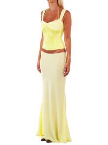 Women 2 Piece Skirts Set Sleeveless Ruched Tank Tops Bodycon Long Skirt Y2K Going Out Shirts Summer Outfits - 黃色 - 查看 2