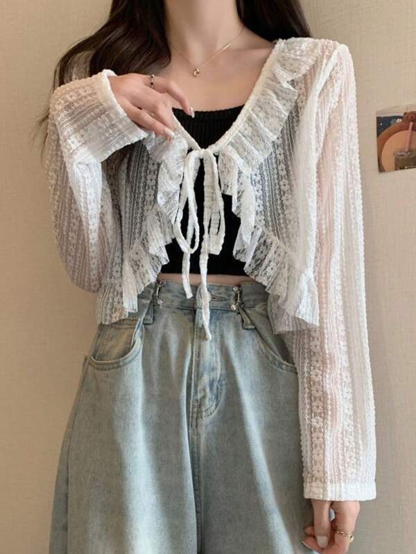 1pc Summer Lace Thin Short Cover Up, Tie Waist Hollow Out Beach Cover Up Vest To Pair With Dresses
