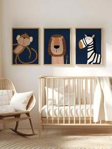 1pc Canvas Hanging Picture, Navy Blue, Nursery Wall Art Print, Digital Nursery Art, Jungle Animals Print, Nursery Artwork, Kids Room Wall Art, Animal Art Print - Kids Room Decor - Multicolor - View 1