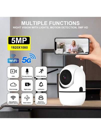 1pc 8MP/5MP 1080P HD Dual 2.4G+5G/2.4G WiFi 350° Horizontal 90° Vertical Rotation Home Security Video Monitoring Network PTZ Camera System, Supports Bidirectional Audio, Outdoor/Indoor Slimme Auto Tracking, Alarm, Night Vision, Floodlight AI Motion