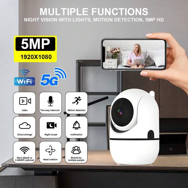 1pc 8MP 5MP 1080P HD, Dual-Band 2.4G+5G WiFi And 2.4G WiFi, 350° Horizontal & 90° Vertical Rotation Home Security Video Monitoring Network PTZ Camera System, Supports Duplex Audio, Smart Outdoor/Indoor PTZ Camera With Auto Tracking, Alarm, Color Night Vision, Floodlight AI Motion, 350° Horizontal & 90° Vertical Rotation, Indoor/Outdoor Security Camera