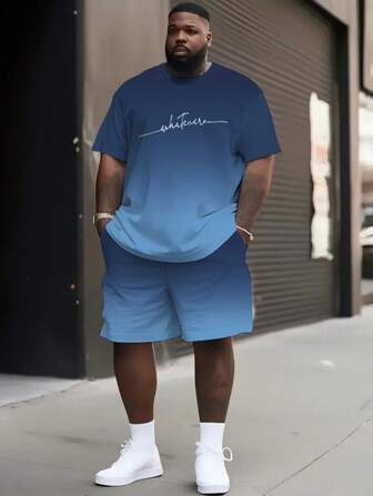 Plus Size Men's Gradient Blue Outfit, Letter Print Minimalist Casual Round Neck Short Sleeve Set, Light Color Sports Shorts & Tee Suit For Summer