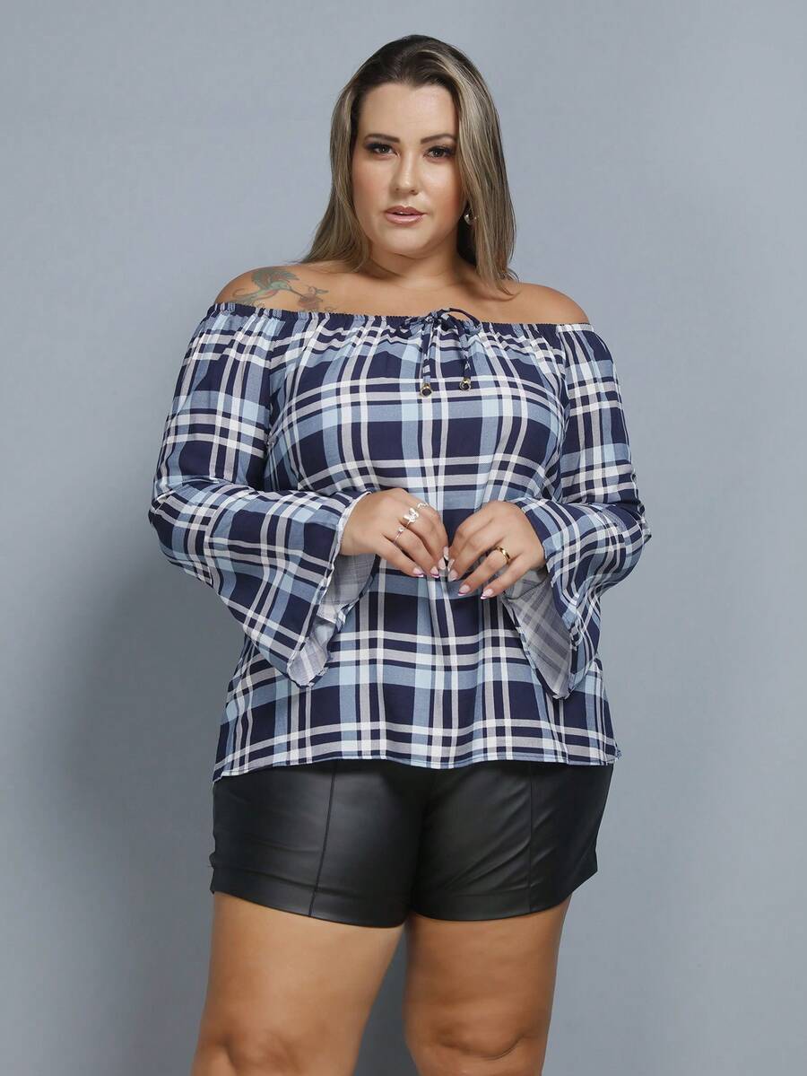Women's Plaid Shirt Plus Size Blouse Long Sleeve GG G1 G2 G3 - Azul novo - 查看 1