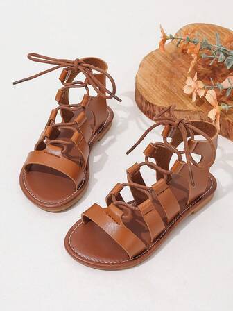 Sandalias planas con cordones y lazo para niña, sandalias casuales de punta abierta para uso diario, vacaciones y playa