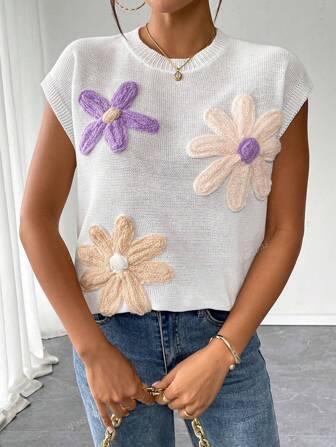 Maglione lavorato a maglia con maniche corte e motivo floreale casual, per la primavera/estate, da donna