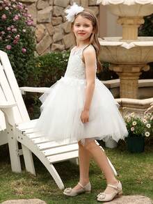 Tween Girl Sleeveless Mesh Lace Puff Party Dress - White - View 3