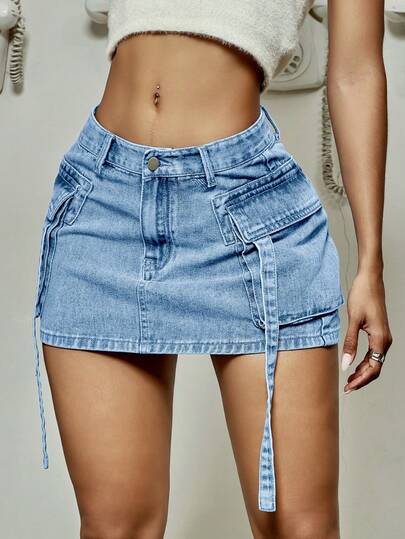 Y2K复古水洗翻盖口袋带装饰工装牛仔迷你裙