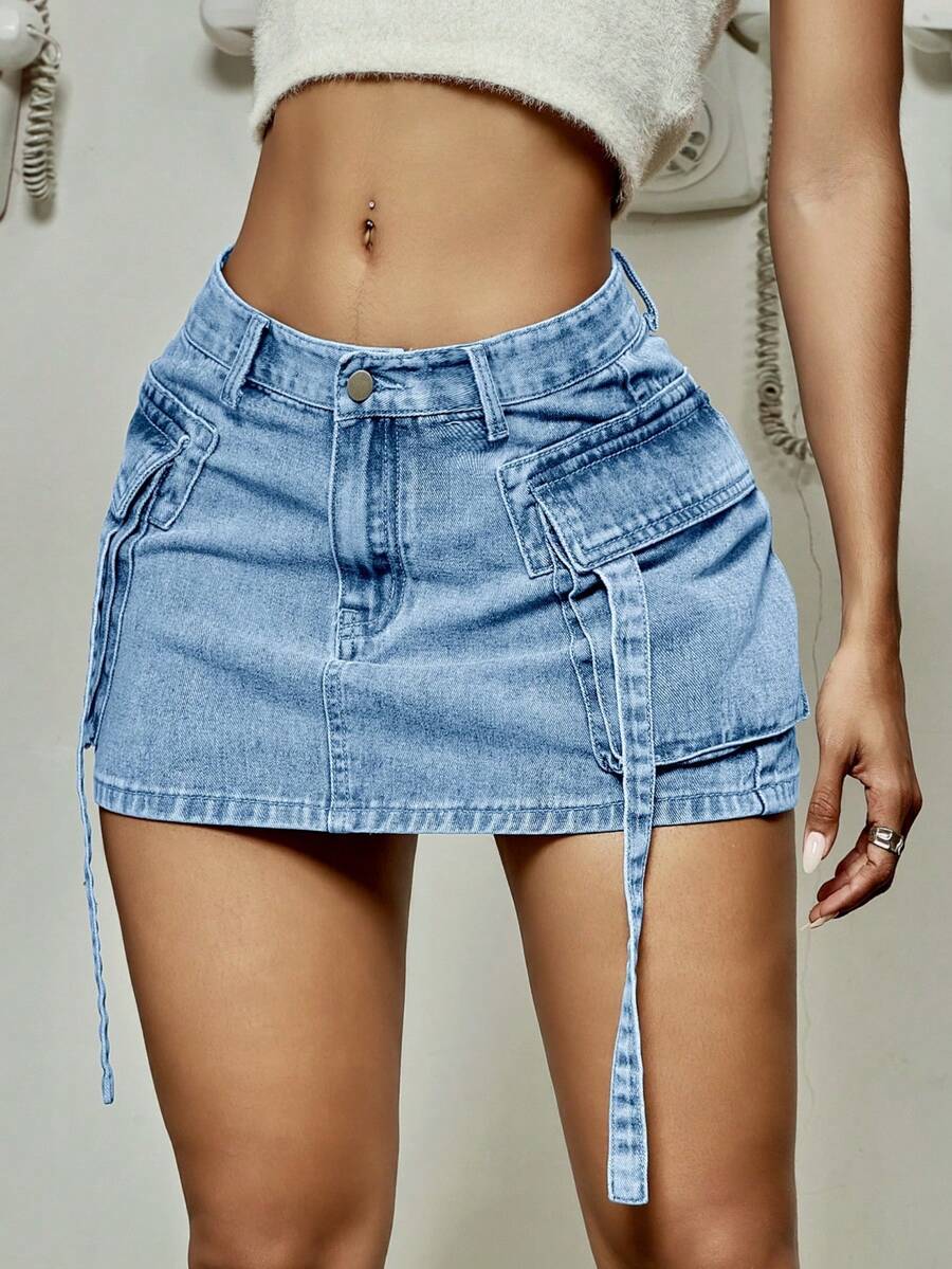 Y2K Street Vintage Washed Flap Pocket With Tape Cargo Denim Bodycon Mini Skirt - 藍白色 - 查看 1