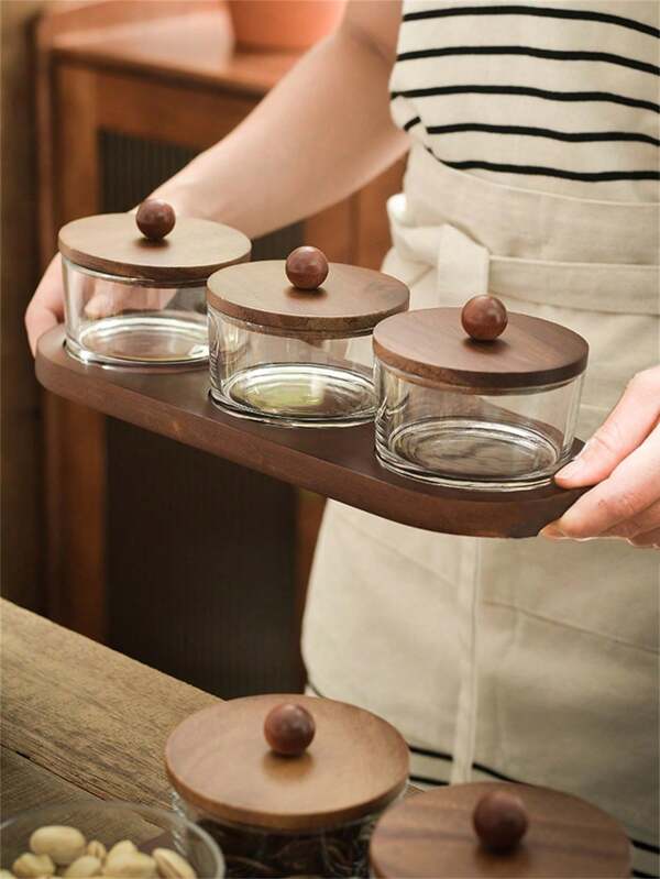 1pc Glass Snack Serving Tray With Bamboo Wood Lid, Multi-Compartment Design With Bamboo Wood Tray, Fruit Cutting Platter, Candy Jar