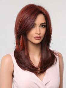 Wine Red Wigs For Women, Long Layered Hair Wigs With Bangs Heat Resistant Synthetic Fiber Wigs For Daily Party Cosplay Music Festival Fashion Wigs - 酒紅色 - 查看 4