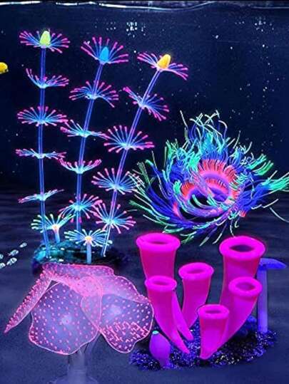 Decoraciones para acuario con efecto fosforescente, ornamento artificial de coral y plantas de arrecife de silicona que brillan en la oscuridad para decoración de pecera pequeña y grande, accesorios para la decoración del acuario