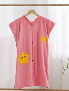 1 件刺绣连帽无袖袋鼠口袋珊瑚绒浴袍，柔软，吸水，适合家庭、浴室、卧室、泳池、海滩、春夏季家居浴室装饰 - 彩色 - 查看 7