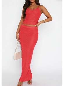 Women Two Piece Skirt Outfits Sleeveless Spaghetti Strap Scoop Neck Cami Tops Bodycon Sexy Maxi Skirts Sets - 紅色 - 查看 1