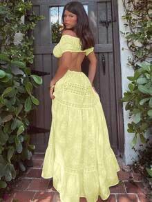 Women's Light Blue Off-Shoulder Crop Top With Puff Sleeves And Ruched Lace Detail Boho Vacation Style - 黃色 - 查看 4