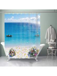 1pc/4pcs Marine Beach Flower Arch Print Multifunctional Bathroom Shower Curtain Set With 12 Hooks, Anti-Slip Bath Mat, U-Shape Toilet Mat, Round Toilet Lid Cover, Full Bathroom Set For All Scenarios Bathroom Accessories Back To School