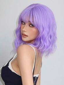 Peluca morada ondulada de 12 pulgadas con flequillo, pelucas cortas moradas de mujer, peluca sintética rizada y ondulada tipo bob para uso diario, festivales de música y moda colorida - Morado - Ver 2