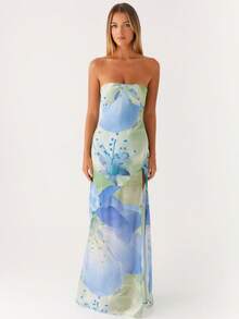 Women's Strapless Floral Print Maxi Dress With High Slit For Beach Parties - Blue - View 2