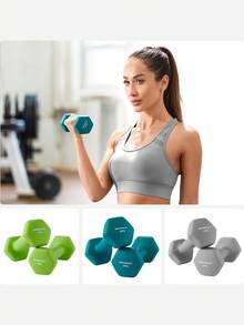 SONGMICS Juego de mancuernas hexagonales con soporte - 2 x 1 kg, 2 x 2 kg, 2 x 3 kg, Neopreno con acabado mate, Pesas para gimnasio en casa, Lima, Azul Verdoso y Gris Claro MSYL612GN - Multicolor - Ver 6
