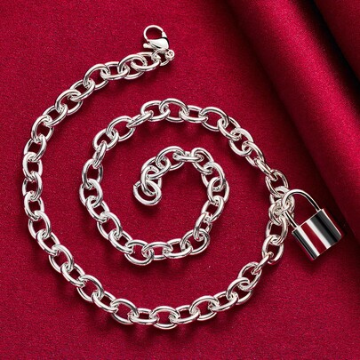 925 Sterling Silver Plated Square Lock Pendant Necklaces Chain For Women Lovers Wedding Party Jewelry