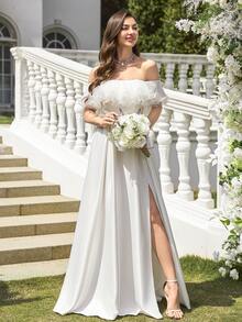 UNITHORSE 1pc Off-Shoulder Puff Sleeve Waisted A-Line Dress, Graceful Satin Flowing Formal Gown,Wedding Dress,Bride, All White Party Outfit Women - White - View 5