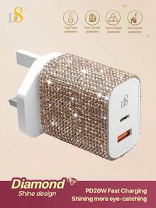 1个水晶装饰USB-C墙充，20W Type-C+QC3.0双口电源适配器，USB-C数据线手机充电器，兼容 16/15/15 Plus/15 Pro/15 Pro Max、Pro 12.9英寸（第五代/第四代/第三代）、Galaxy S23 Ultra/S23/S23+/S22/S21/S20 Ultra/S22+/S21+/Ultra/S20/S20+，适合旅行、办公、宿舍和家庭使用，多端口设计 - 英規插(220-240V) - 查看 12
