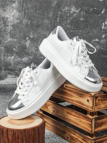 New Arrival Spring/Summer Elegant White & Gold Color Sneakers For Teens And Kids, Low-Top Lace-Up With Thick Sole For Running, Fitness, Walking - Multicolor - View 5