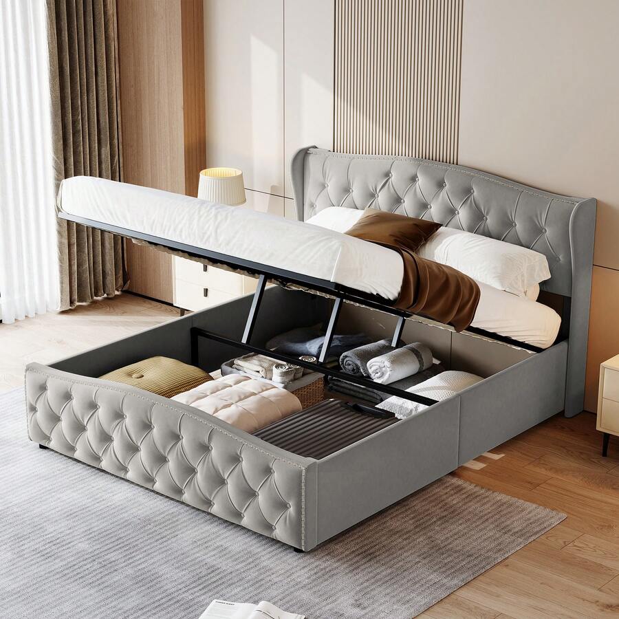 Rosahqnda Upholstered Bed 140x200cm, Double Bed, Hydraulically Adjustable Functional Bed, Bed Frame With Storage Space For Bedroom, Guest Bed, Flannel Grey, Without Mattress - 灰色 - 查看 1