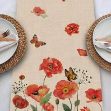 Spring Poppy Floral Tablecloth, Watercolor Patriotic Botanical Butterfly Home Kitchen Plant Decor, Memorial Day Summer Seasonal Farmhouse Restaurant Anniversary Decor